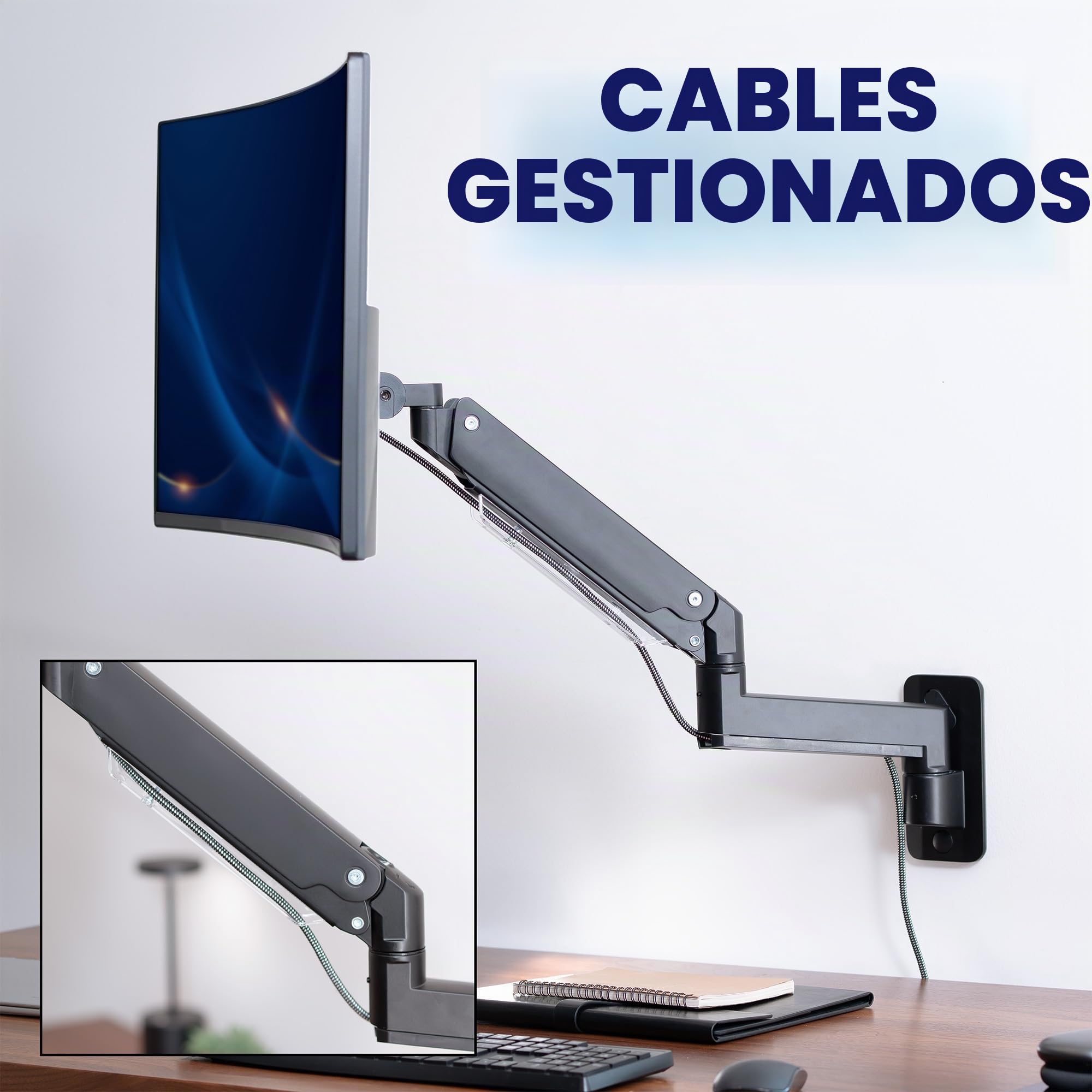 VIVO Brazo de Monitor de Aluminio Pantallas ultraanchas de hasta 49 Pulgadas y 20 kg, Montaje en Pared Individual, Altura neumática, VESA máxima 100 x 100, Negro, MOUNT-V101G1