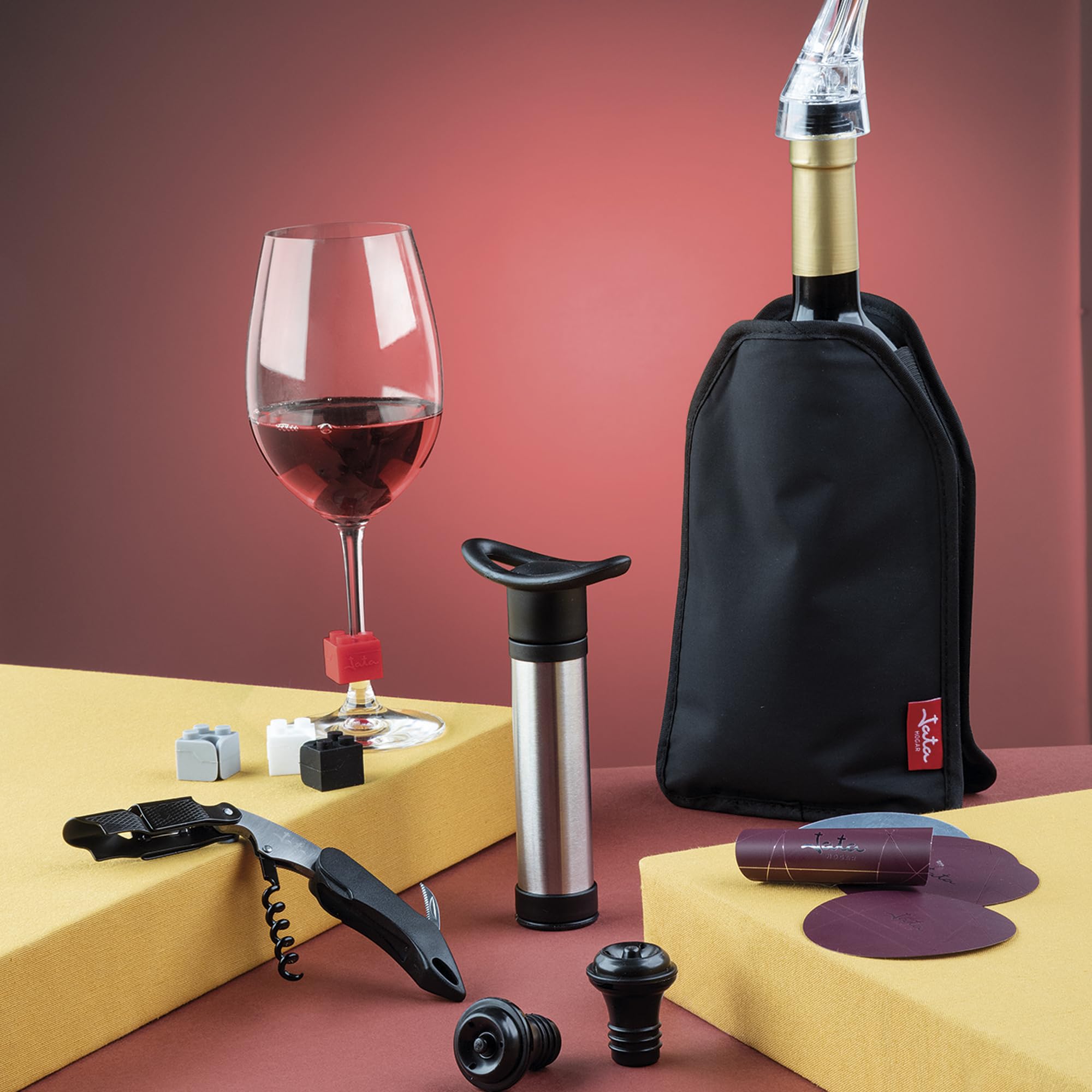 JATA HOGAR HVIN2323 - Accessori vino 16 pezzi. Cavatappi, decanter, custodia per raffreddare bottiglie, tappi, marcatori di tazze, pompa per vuoto e versatori. Ideale come regalo