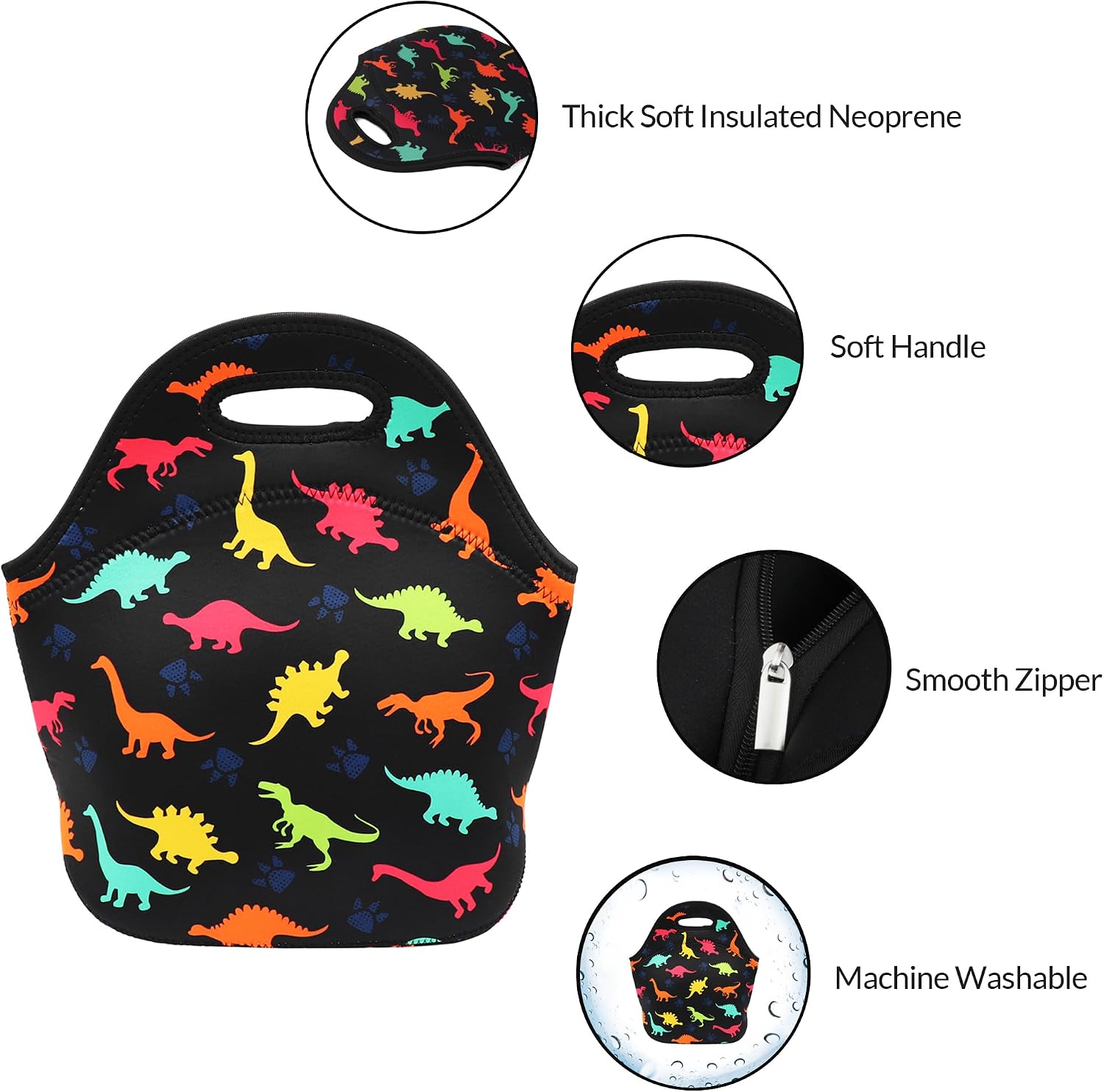 Neoprene Lunch Bag with Zipper, Reusable Lunch Tote for Kids & Adults (Dinosaur) image 4