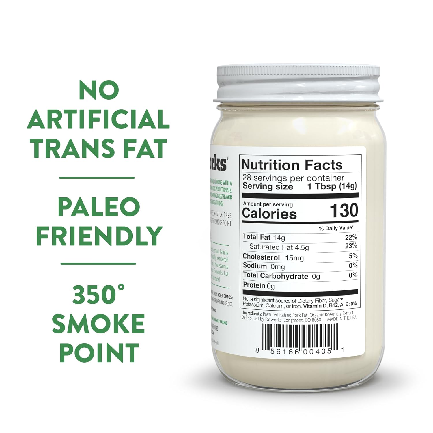 Fatworks Premium Pasture Raised Lard. The Original Non-Hydrogenated Pasture-Raised Lard crafted for Traditional, Keto, and Paleo Chefs. Artisanally Rendered, WHOLE30 APPROVED, Glass Jar, 14oz.