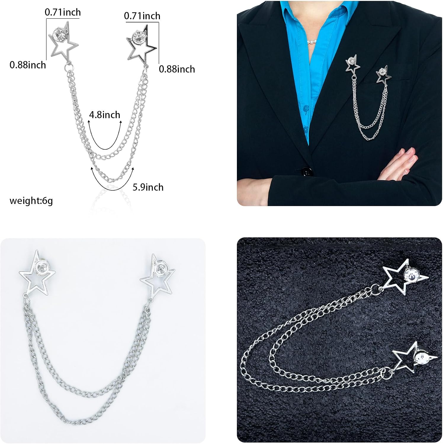 Gold/Silver Crystal Star Crown Brooch Lapel Pin for Men Rhinestone With Hanging Chain Brooch for Men Suit Fashion Tuxedo Tie Hat Scarf Collar Pins for Men Women Gifts