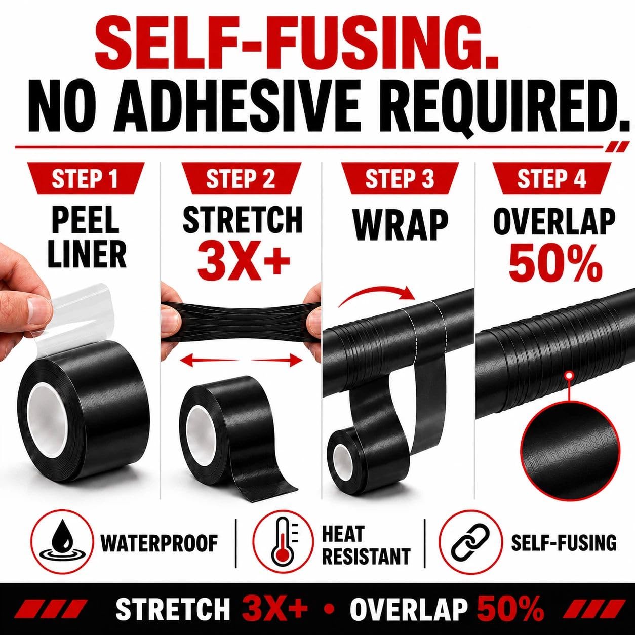 Self-Fusing Silicone Sealing Tape, Waterproof Repair Tape for Hose, Pipe, Electrical Cable, High Strength Leak Fix Wrap, Weatherproof Emergency Insulation Tape (1" x 33' x 20mil) Black