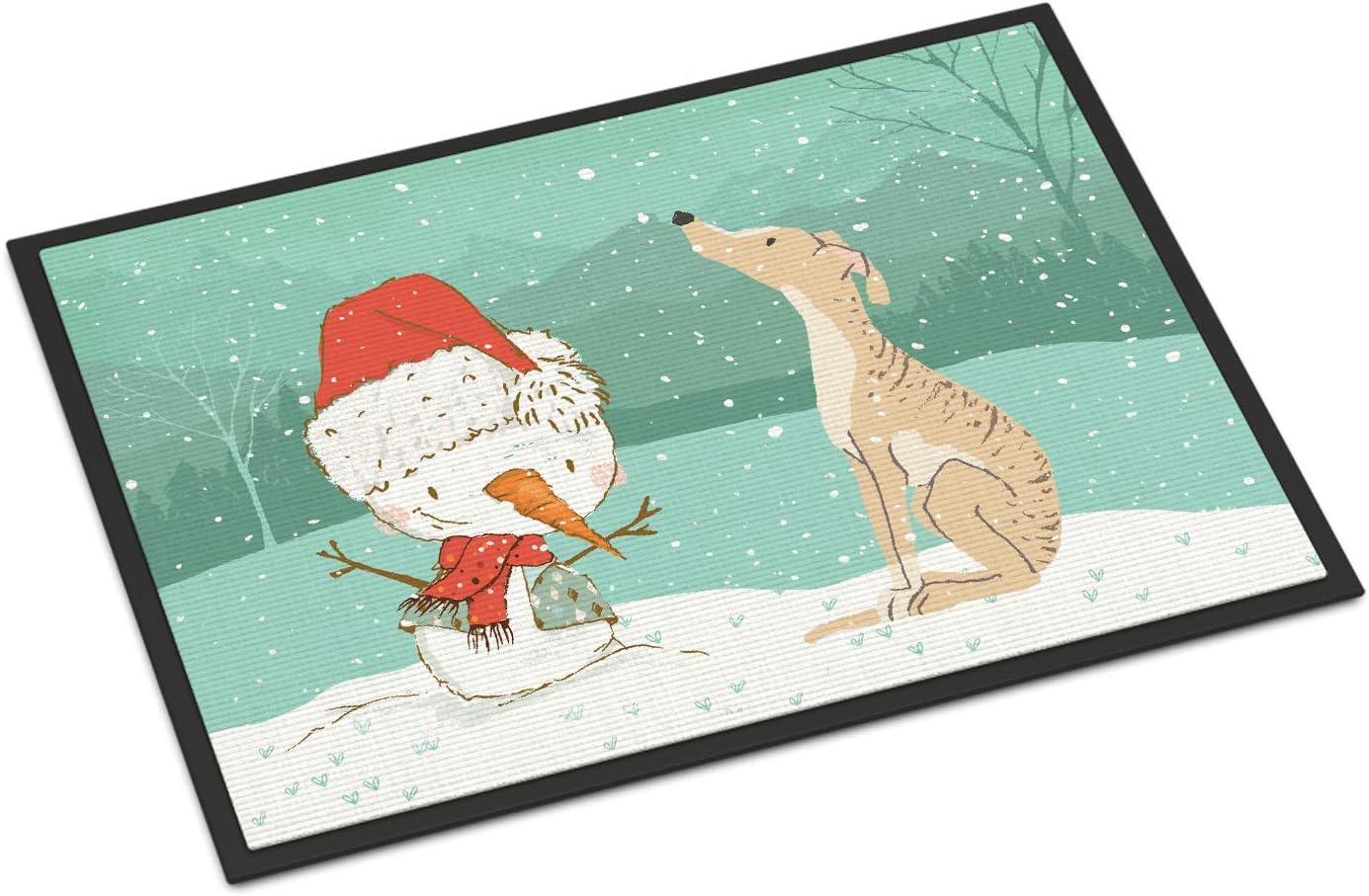 Caroline's Treasures CK2043MAT Brindle Greyhound Snowman Christmas Doormat 18x27 Front Door Mat Indoor Outdoor Rugs for Entryway, Non Slip Washable Low Pile, 18H X 27W