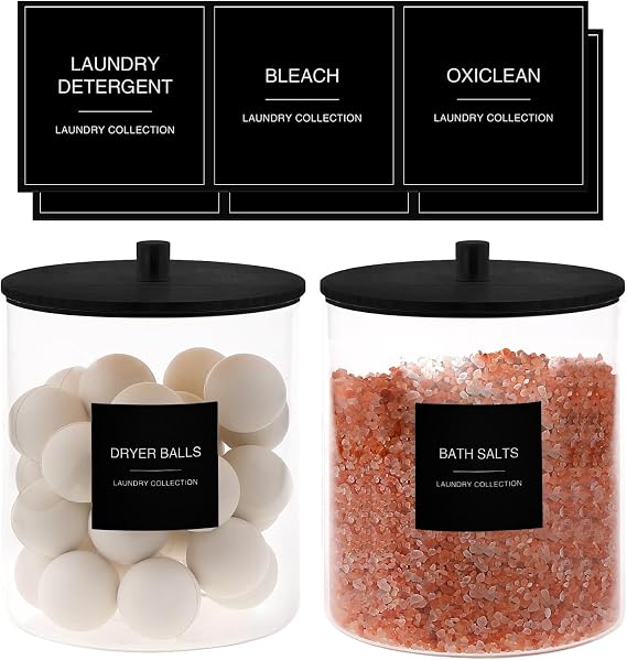 TIPGO Laundry Pods Container with 27 Labels, Glass Jars for Laundry Room Organization, Detergent Holder with Bamboo Lid, Cute Storage Jars, Black (Set of 1)