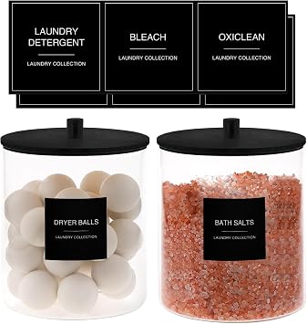 TIPGO Laundry Pods Container with 27 Labels, Glass Jars for Laundry Room Organization, Detergent Holder with Bamboo Lid, Cute Storage Jars, Black (Set of 1)
