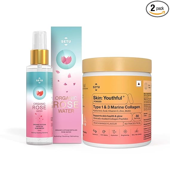 Setu Rose Water & Collagen Combo Pack | Rose Water Hydrating, Refreshing, 100 gm & Skin Youthful Marine Collagen Powder with N-Acetylglucosamine, Vit C, Zinc & Biotin, Peach Mango Flavour | Diwali Gifts