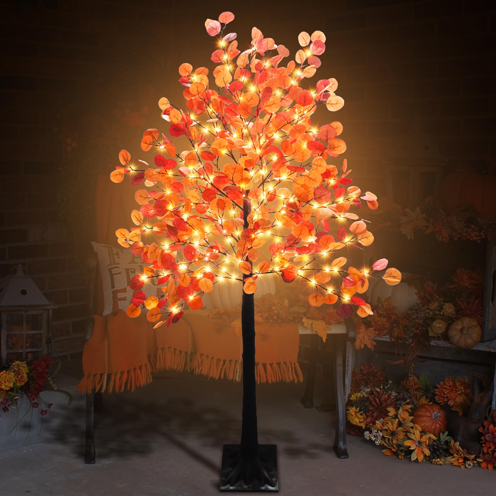Dehoxara 6FT Lighted Fall Eucalyptus Tree Artificial Autumn Tree Timer 8 Mode 240 LED Warm White Lights Thanksgiving Eucalyptus Leaves Tree for Fall Wedding Party Harvest Home Indoor Decor