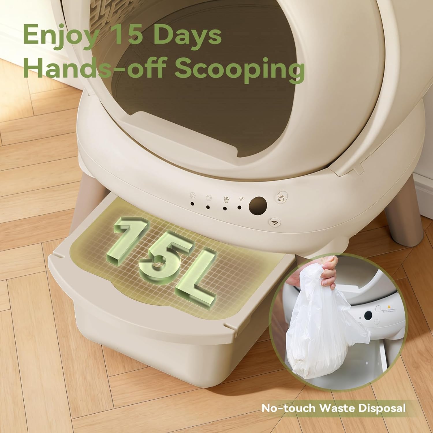 Self Cleaning Litter Box for Multiple Cats, E2 Automatic Cat Litter Box, Self-Cleaning Robot with Smart APP Control and Health Monitoring, Includes 2 Roll Trash Bag and Litter Mat, Off-White