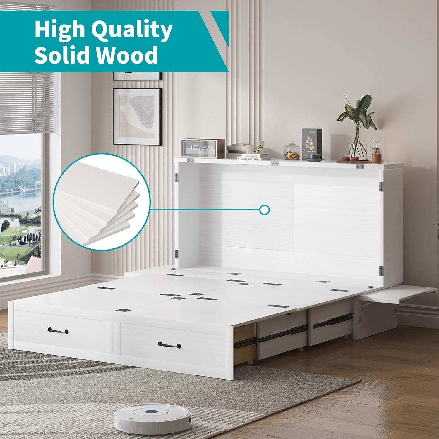 BALUS Murphy Bed with Mattress, Queen Cabinet Murphy Bed with Built-in USB Ports & Storage Drawer, Space-Saving, Hidden Cabinet Chest Beds for Guest Bedroom, Office, Easily Convertible - White