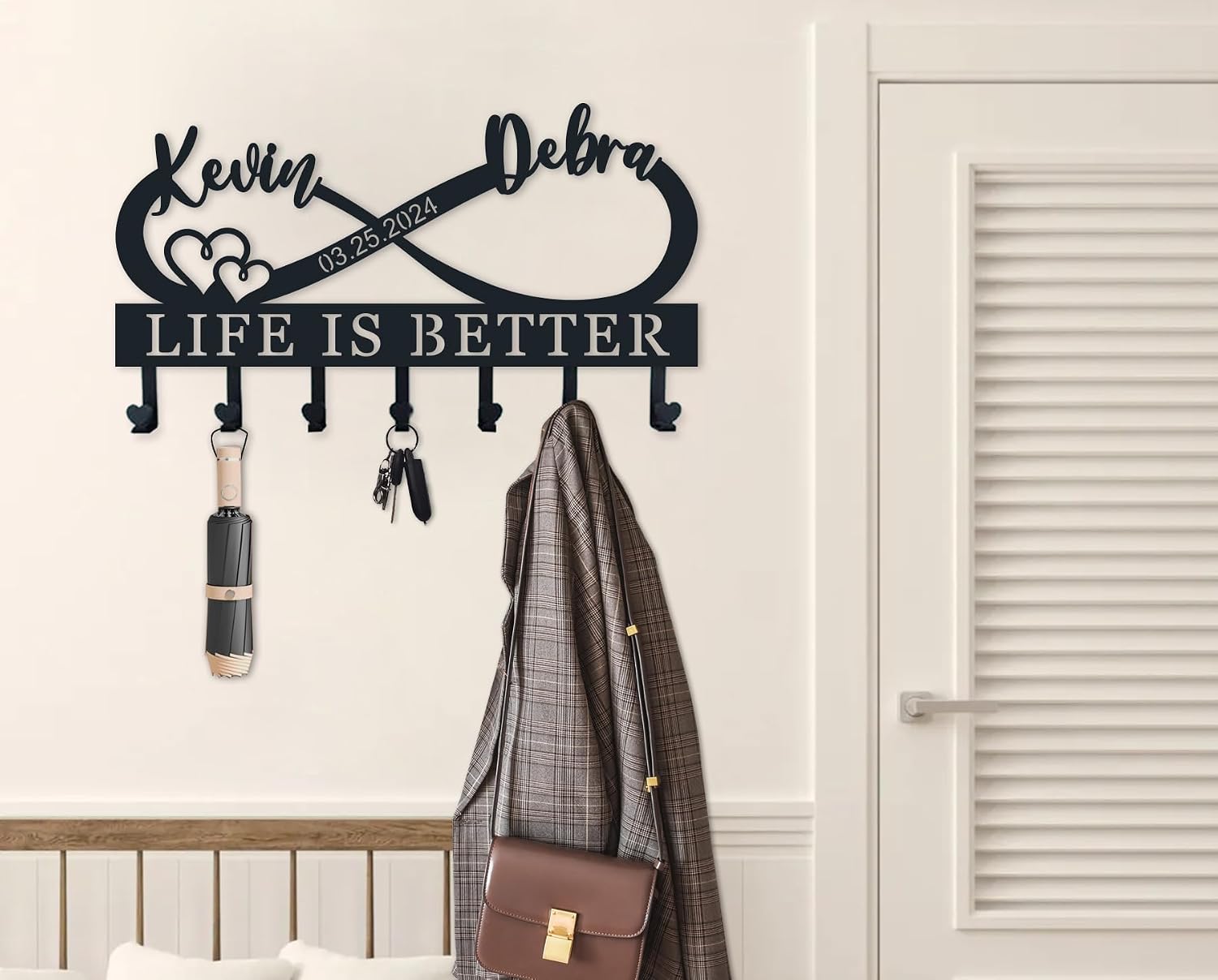 Personalized Name Sign Couple Names Coat Rack Hooks Sign, Custom Infinite Key Holder Metal Wall Art, Wall Mounted Hooks Signs, Custom Name Key Holder Decor, Metal Key Hanger Sign