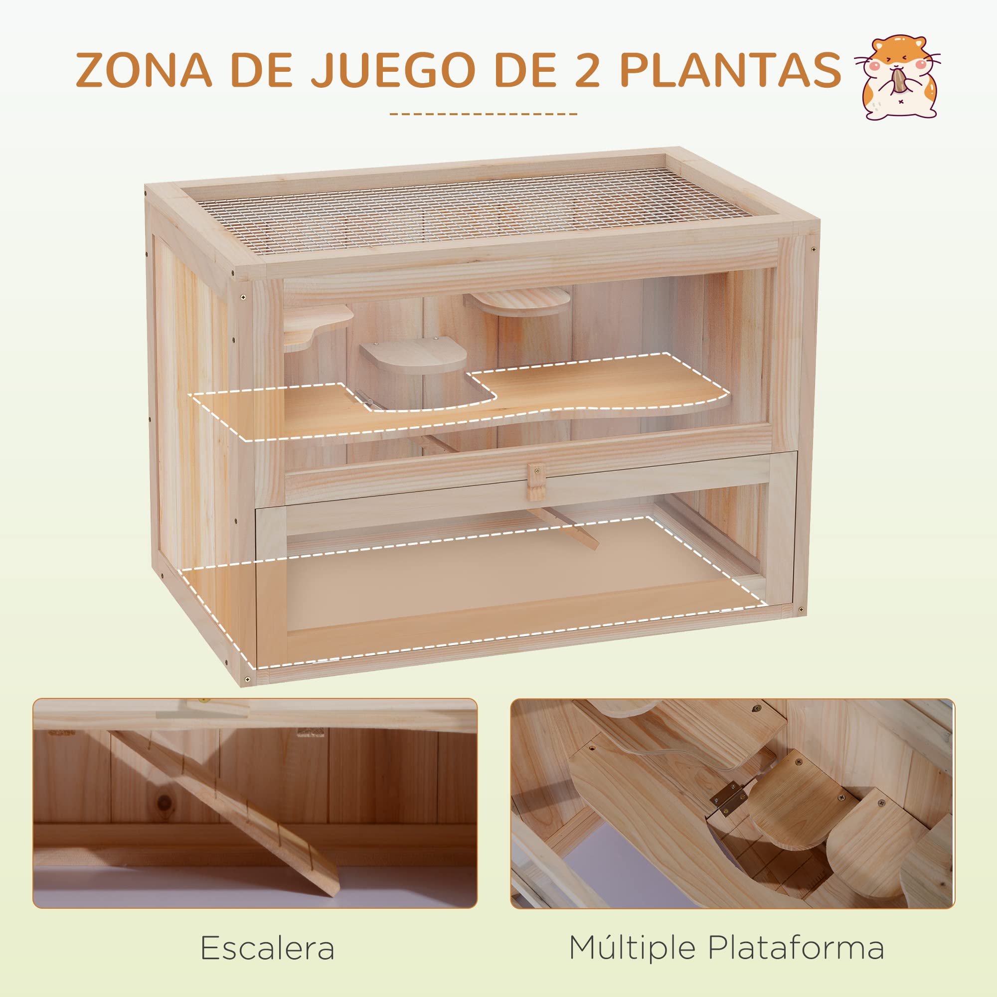 PawHut Jaula Madera para Hámster Ratoncillos Roedores Casa para Animales Pequeños 2 Niveles 60x35x42cm
