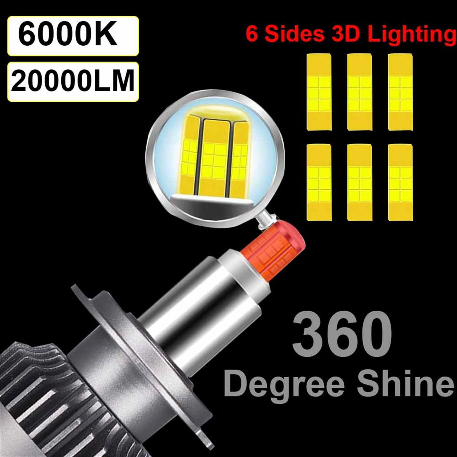 Kit De Conversión De Bombilla De Faro LED De 360 ° De 6 Lados 56W Par De 20000LM, 6000K Bombilla De Luz De Repuesto De Haz Bajo De Haz Blanco,H1