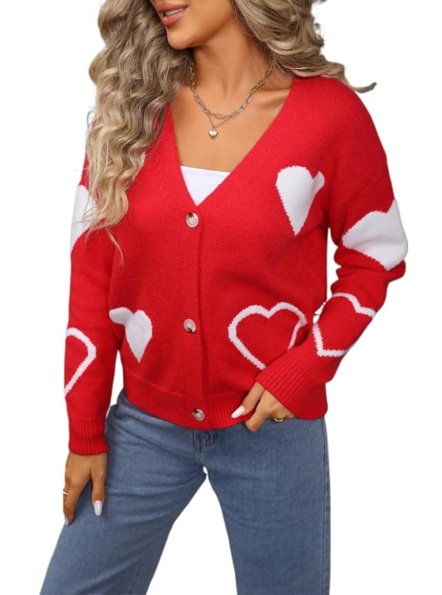 Valentines Day Cardigan for Women Checkered Striped V Neck Button Up Knit Sweater Cute Bow Heart Graphic Clothes