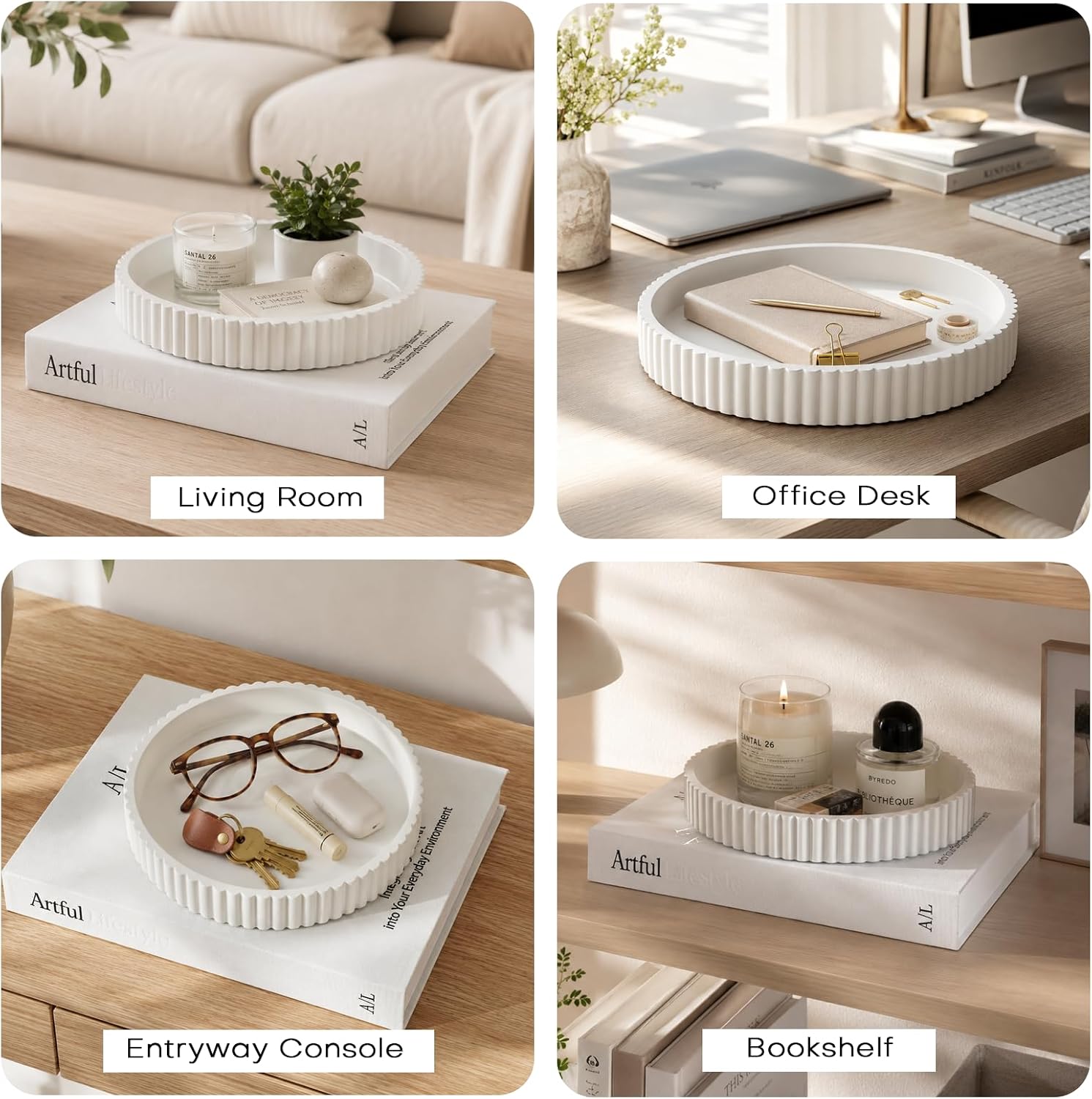 Decorative Tray & Book Decor Set, Round Tray, Coffee Table Decor - White