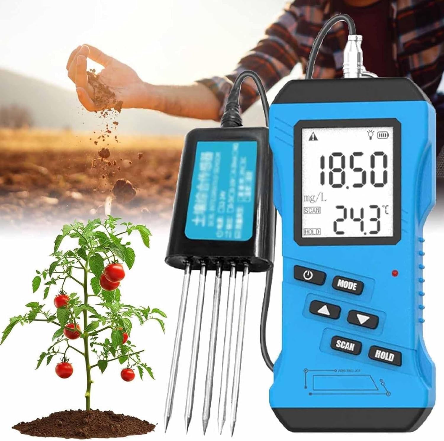 Soil Tester, 7-in-1 3in LCD Display High Sensitivity Handheld Soil PH Meter Kit, Soil Temperature Humidity Conductivity Nitrogen Phosphorus Potassium Moisture Meter for Agriculture