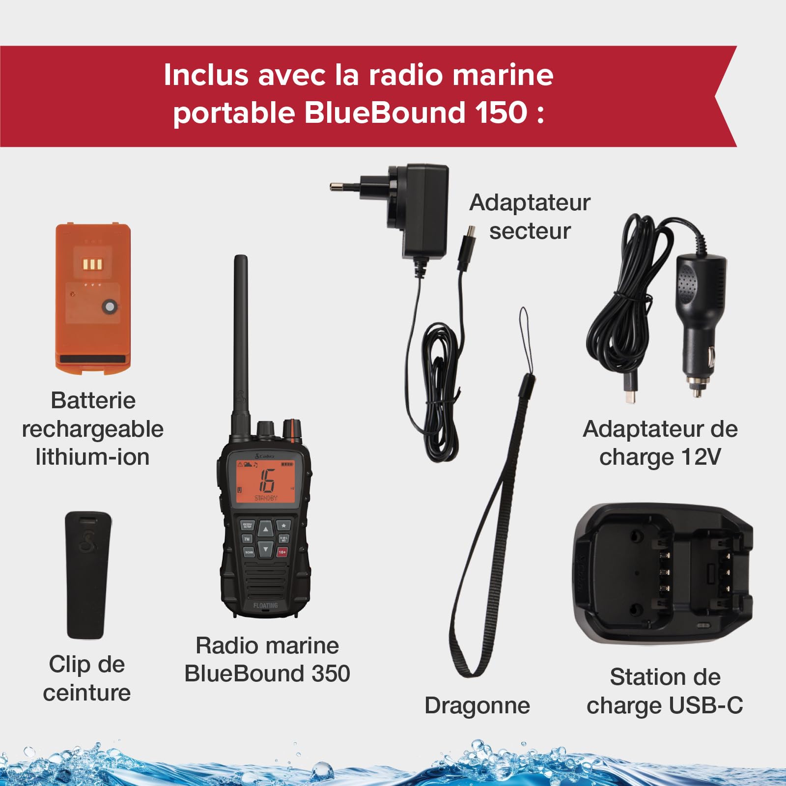 Cobra BlueBound 350 Radio VHF Marine Portable – 6 Watt, Flottant, Float n' Flash, IPX7, Submersible, Écran LCD Jour/Nuit, Tri-Watch, Noir, 1 Pièce