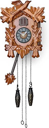 TIMEGEAR Small Cuckoo Clock with Night Mode, Hand Carved Bird