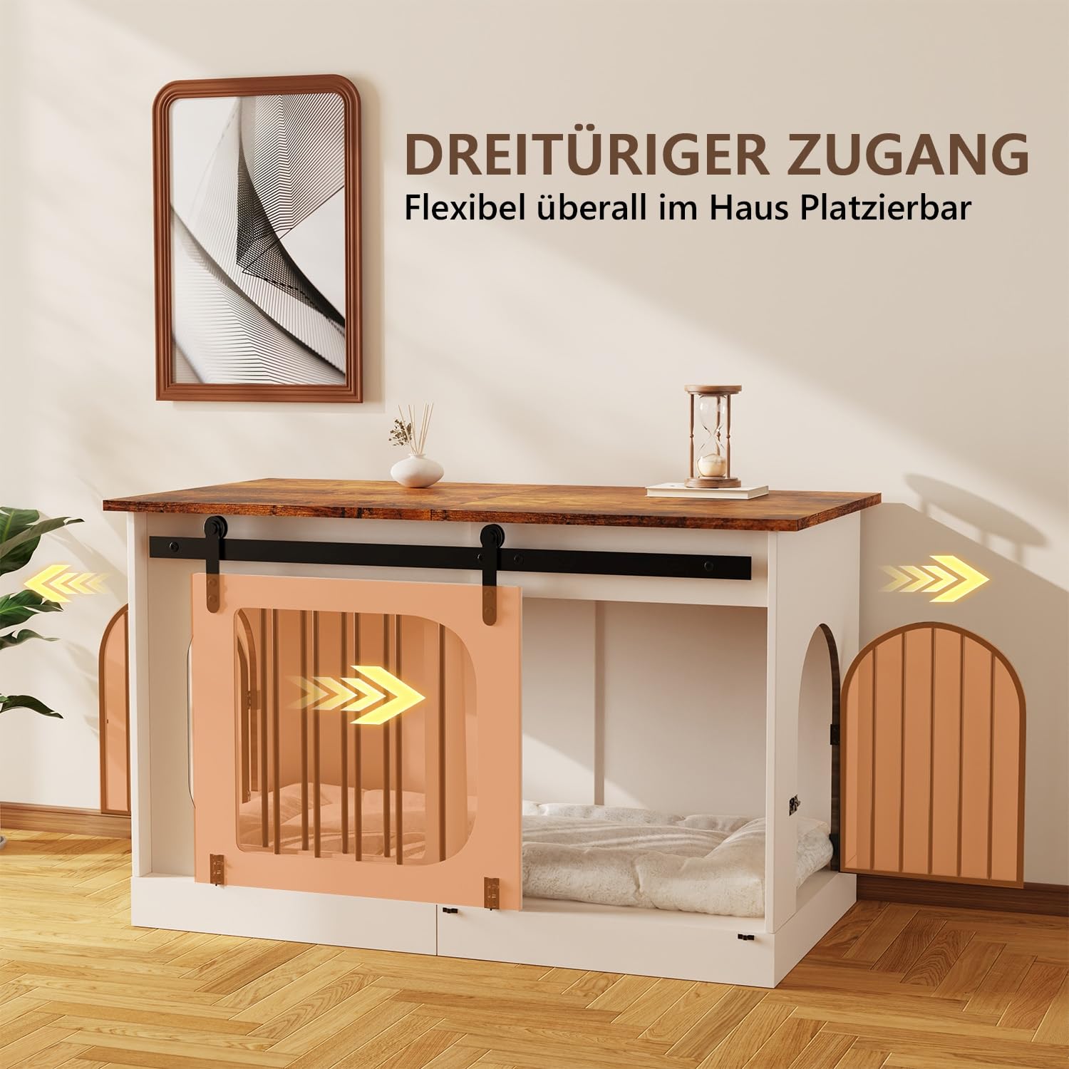Hundebox für Zuhause 100cm, XL Hundekäfig Möbel mit 3 Schiebetüren & Hundematte, Moderne Hundehütte Holz für Kleine Mittlere Große Hunde, 100x60x69cm, Weiß & Braun