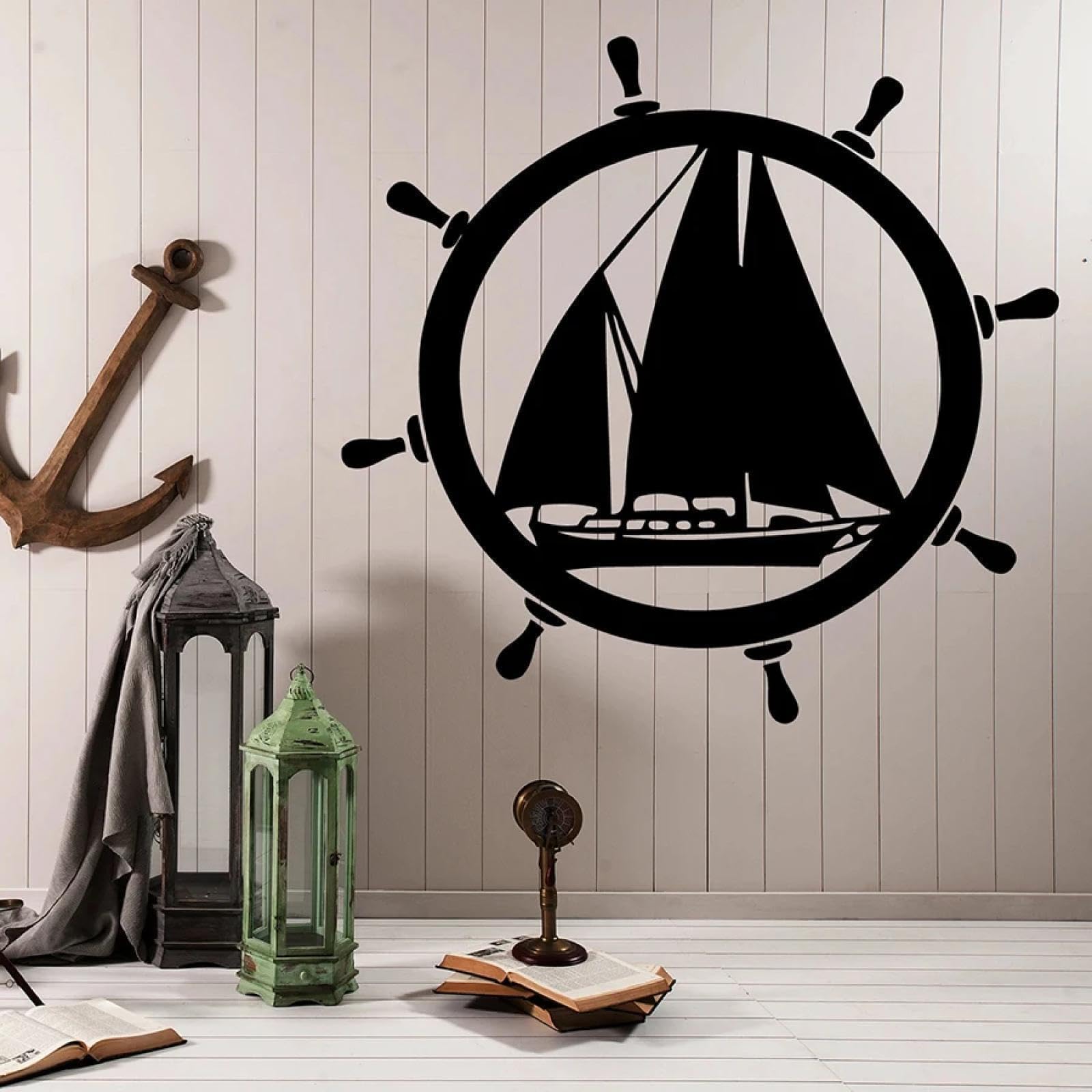 Wall Sticker Sea Ship Steering Wheel Sailing Ship Window Sticker Ocean Theme Style Bedroom Interior Decor Sticker/Black