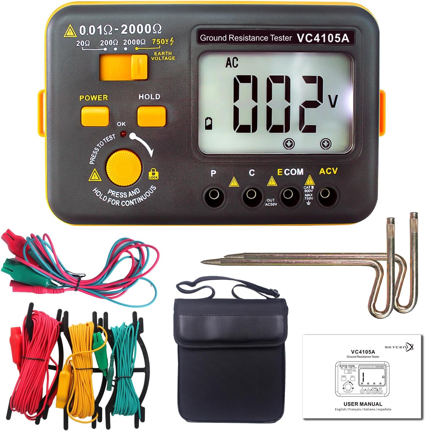 VC4105A Ground Earth Resistance Meter Tester,SKYCENX Grounding Meter Tester for Earthing,Offers Three Resistance Ranges (20Ω/200Ω/2000Ω) and AC Voltages 750V,with Tool Bag