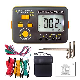 VC4105A Ground Earth Resistance Meter Tester,SKYCENX Grounding Meter Tester for Earthing,Offers Three Resistance Ranges 20/200/2000 and AC Voltages 750V,with Tool Bag