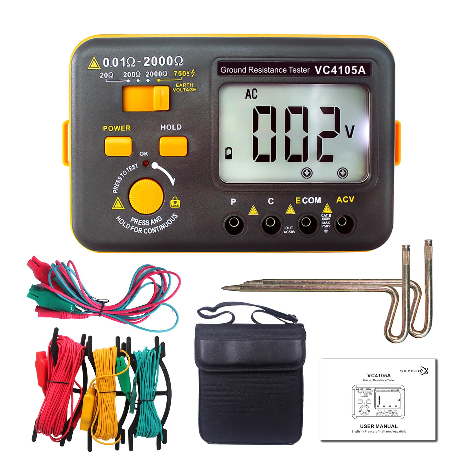 VC4105A Ground Earth Resistance Meter Tester,SKYCENX Grounding Meter Tester for Earthing,Offers Three Resistance Ranges (20Ω/200Ω/2000Ω) and AC Voltages 750V,with Tool Bag