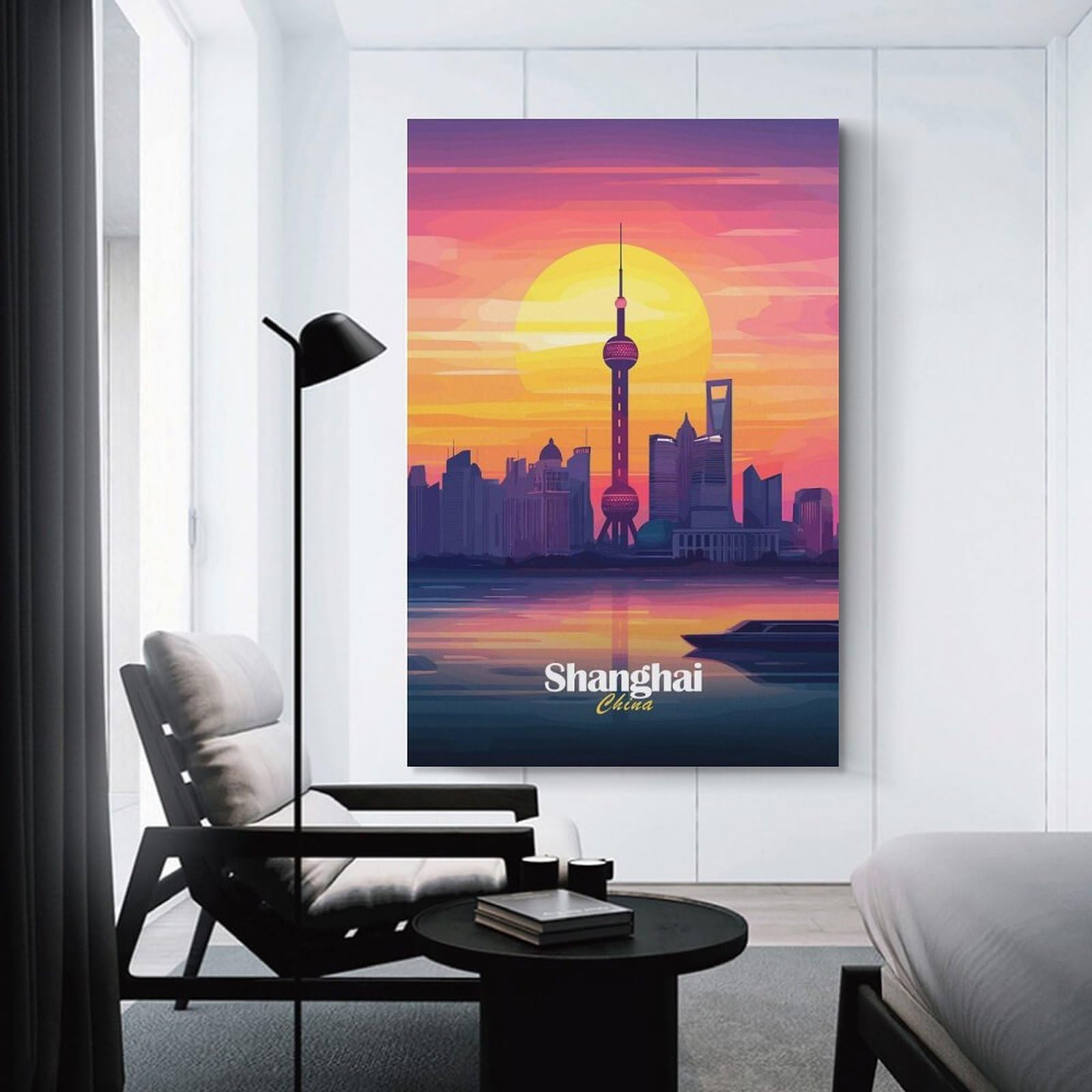 Junmoney Unframe-Style-14 Shanghai Skyline Sunset Wall Picture Print, 20X30inch(50X75cm), For Wall Displays, Bedrooms Or Room Updates, Decorative Artwork With Flexible Styling