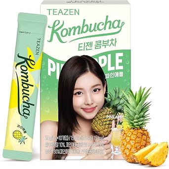 TEAZEN Pineapple Kombucha Tea, Hydration Drink Mix, Sugar Free, Live Probiotics & Prebiotics, 10 Sticks, 1.76oz