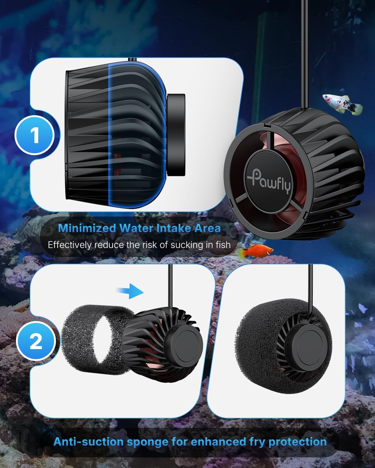 Pawfly Wave Maker for Aquariums 2100 GPH, Aquarium Powerhead DC 24V 10W, Aquarium Circulation Pump With Magnetic Base, Wavemaker for 30-80 Gallon Freshwater Saltwater Tank