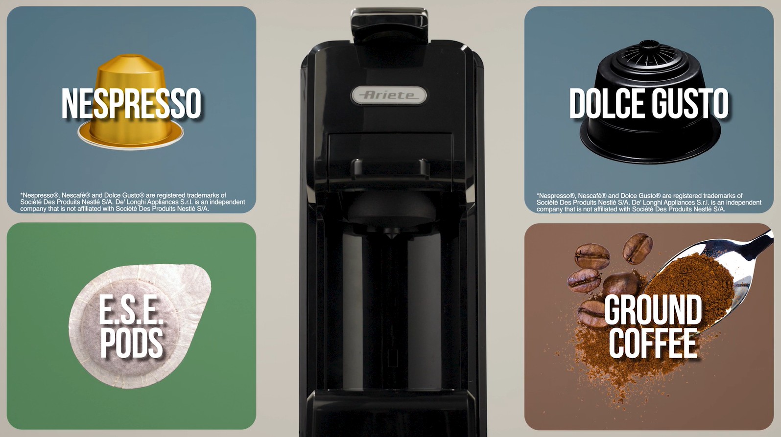 Ariete 1304/1 Kaffeemaschine - Kompatibel Mit Nespresso & Dolce Gusto Kapseln, Pads & Pulver | 19 Bar, 1350 W