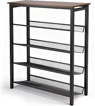 5-Tier Shoe Rack, Shoe Storage Shelf with 4 Metal Mesh Shelves, Shoe Rack Organizer for 15-20 Pairs, Durable and Stable, for Closet and Entryway, Brown and Black
