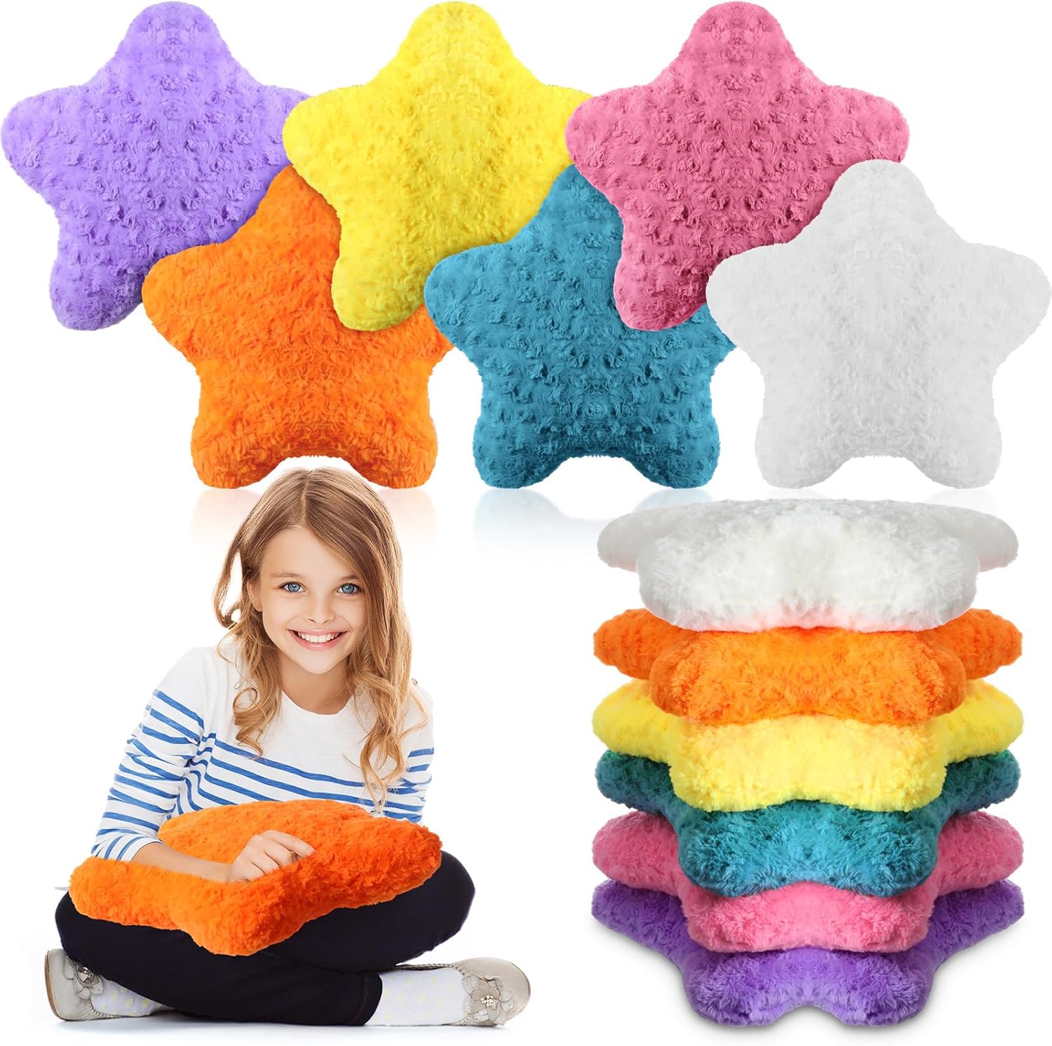 Yousoontic 6 Pcs Star Fluffy Pillow 15.7'' Shaped Star Throw Pillow Kids Aesthetic Stars Decor Christmas Throw Pillows for Kids Cute Cushion for Bedroom Living Room(Pink,Yellow, White)