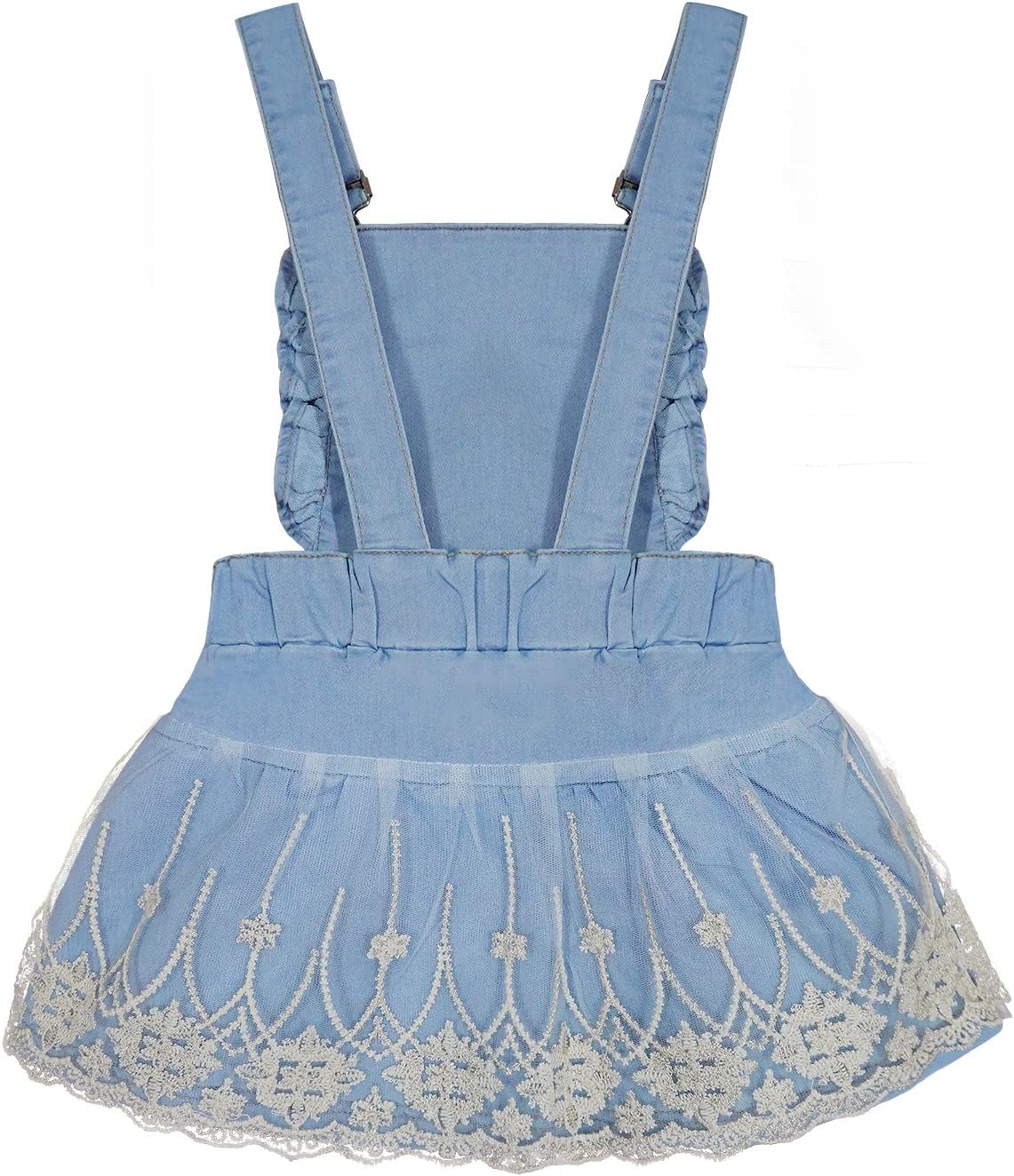 KIDSCOOL SPACE Baby Little Girl Denim Overalls,Layered Tulle Hem Jean Jumpsuit Dress