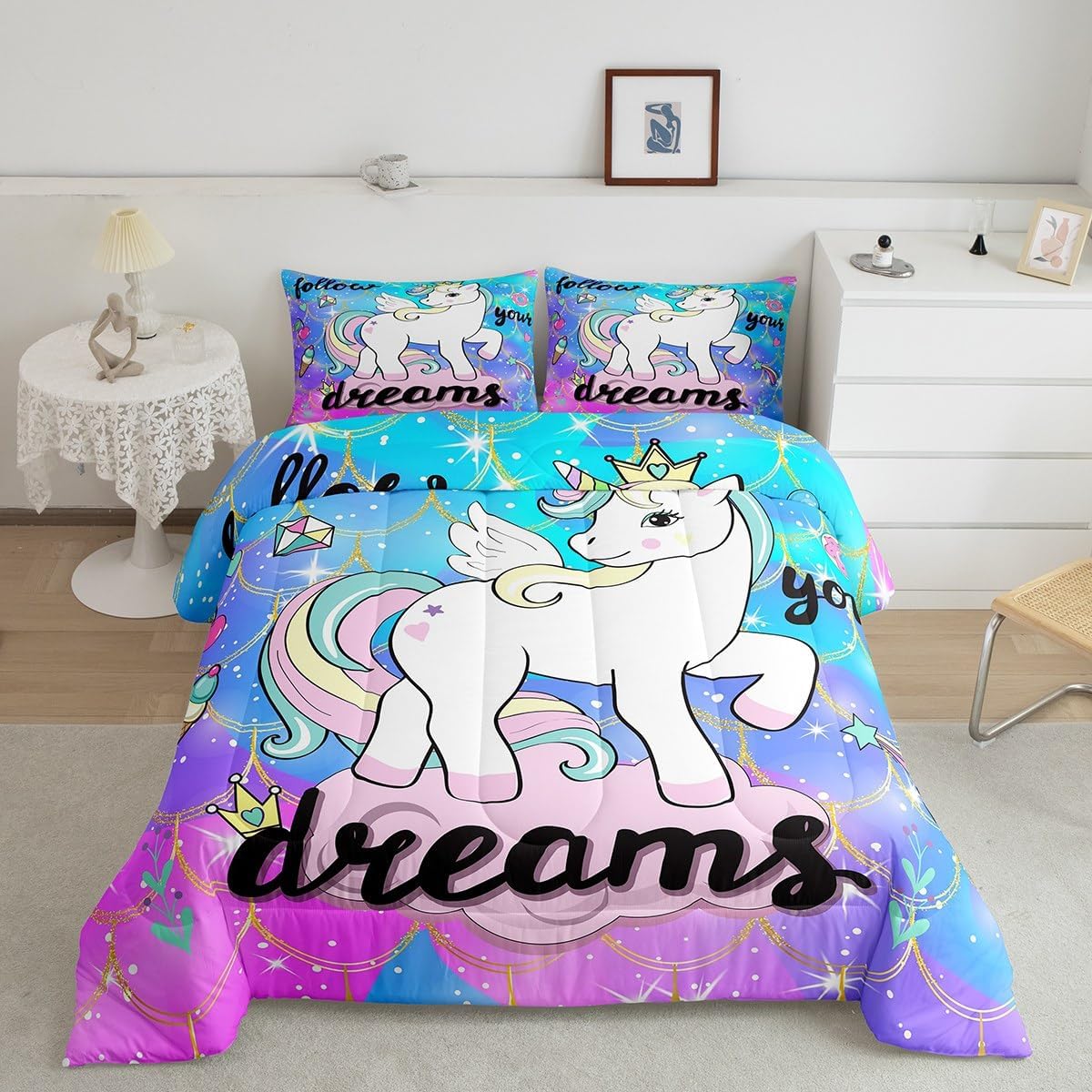 Unicorn Bedding Full for Girls,Dreamy Horse Teal Comforter