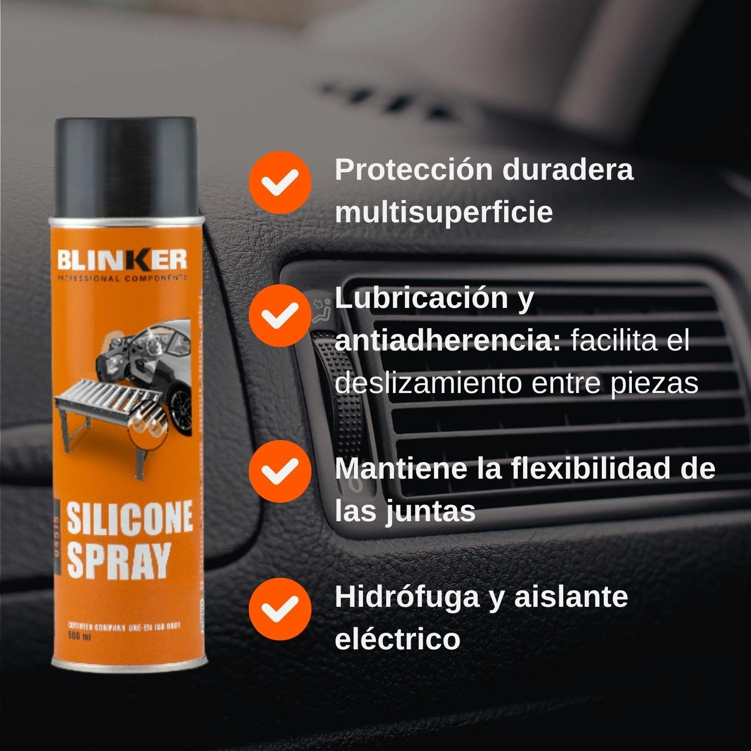 Blinker - Silicona en Spray - Lubricante Protector Antiadherente - Hidrófuga y Aislante Eléctrico - Resistente a la Corrosión y Altas Temperaturas - Ideal para Plásticos, Gomas y Metales - 500 ml
