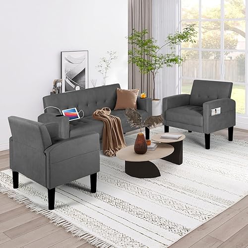 Miniatura 9 de AILEEKISS Juego de sofá de 3 piezas para sala de estar, sofá biplaza con 2 USB, portavasos, bolsillo lateral, juego de 3 sofás seccionales de tela