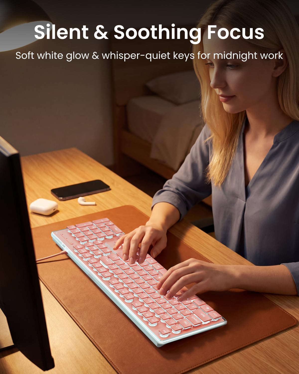 SEUNKWANG EWEADN GX710S podświetlane klawiatury komputerowe, przewodowa klawiatura USB z białym podświetleniem, metalowy panel, Plug and Play, pudding klawisze pełnowymiarowa klawiatura komputerowa do