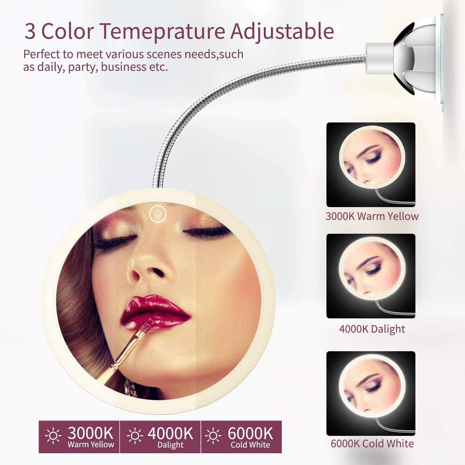 STLOVe Specchio Ingranditore da Trucco con Luce LED, Lente d'Ingrandimento,Specchio per Il Trucco,Cromato in Metallo,Perfetto Come Regalo per Donna e Ragazza (10X)