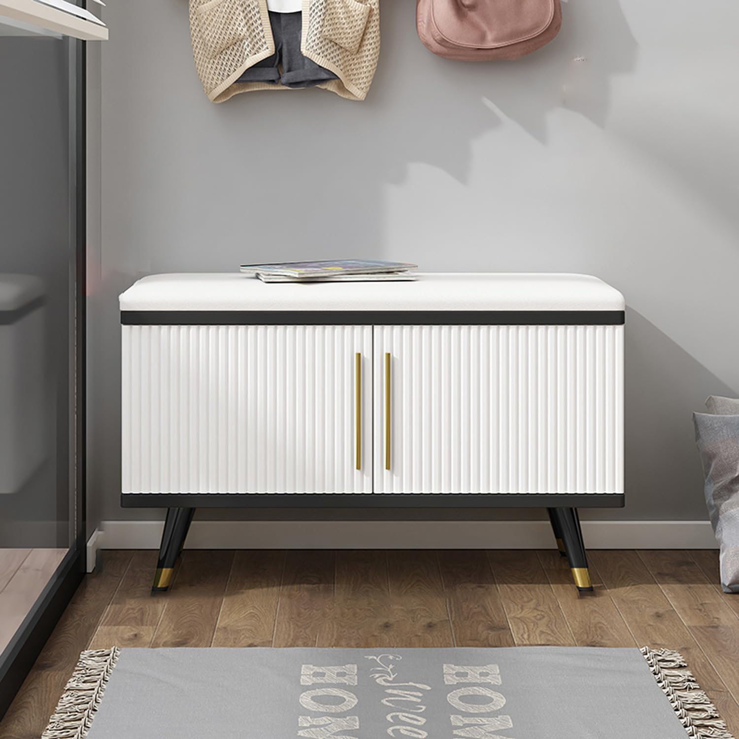 LMYSXAOZ Wooden Shoe Bench with Cushion, Stylish Hallway Rack & Storage Cabinet, Entryway Organizer for Shoes, Comfortable Seating Space-Saving Design