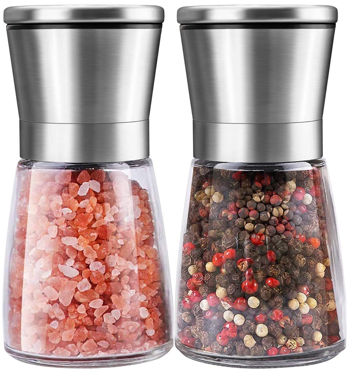 elvana beautiful stainless steel salt & pepper grinders refillable set - two 5 oz salt/spice shakers with adjustable coarse mills - easy clean ceramic grinders