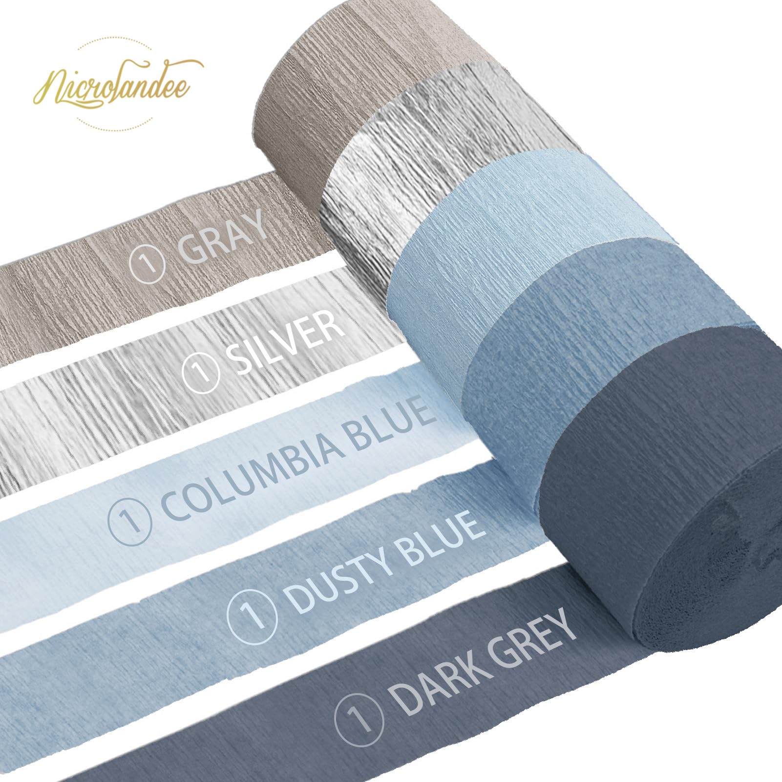NICROLANDEE 5 rotoli di carta crespa blu polveroso grigio argento per decorazioni di nozze, ghirlanda di carta decorazione per qualcosa di blu, addio al nubilato, sfondo per baby shower
