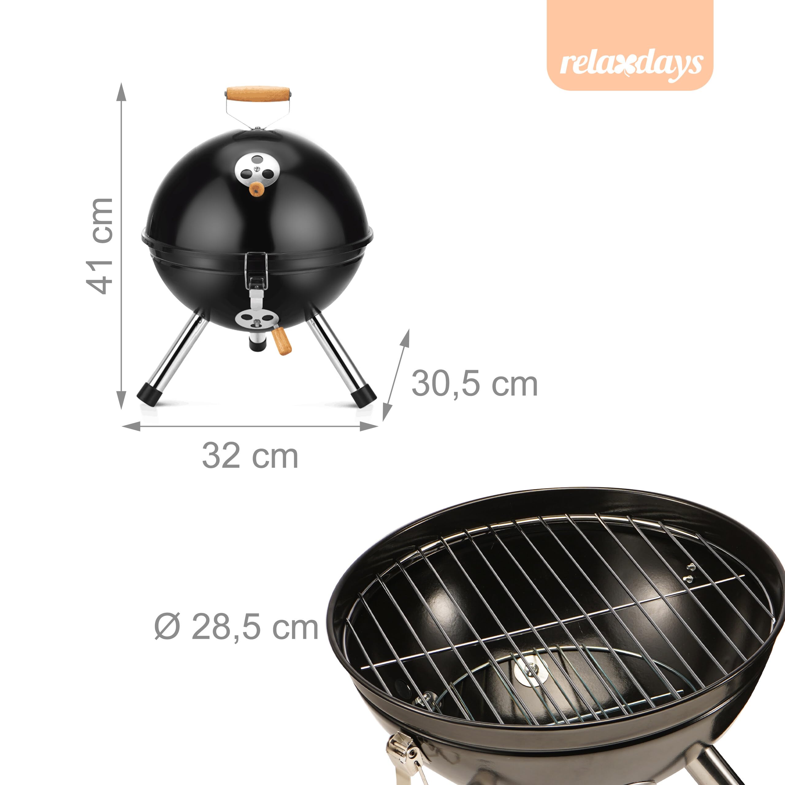 Relaxdays Mini Kugelgrill, tragbar, Ø 30 cm, Picknickgrill für Balkon & Camping, Holzkohlegrill mit Holzgriff, schwarz
