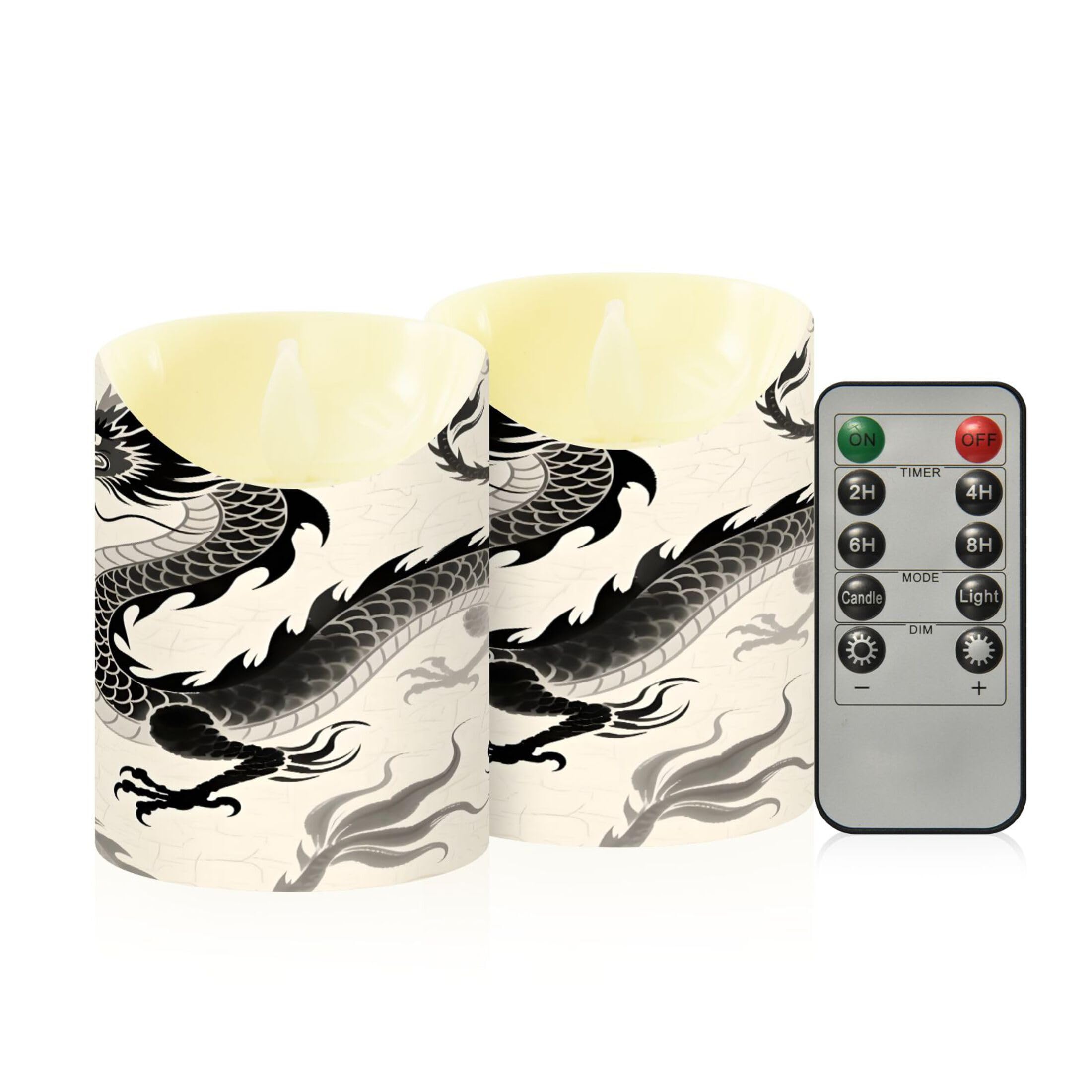 Kutsu Chinese Art Dragon Flameless Candles Set of 2, Battery Operated LED Flickering Candles with Remote and Timer, Plastic Pillar Candles for Home Wedding Decor