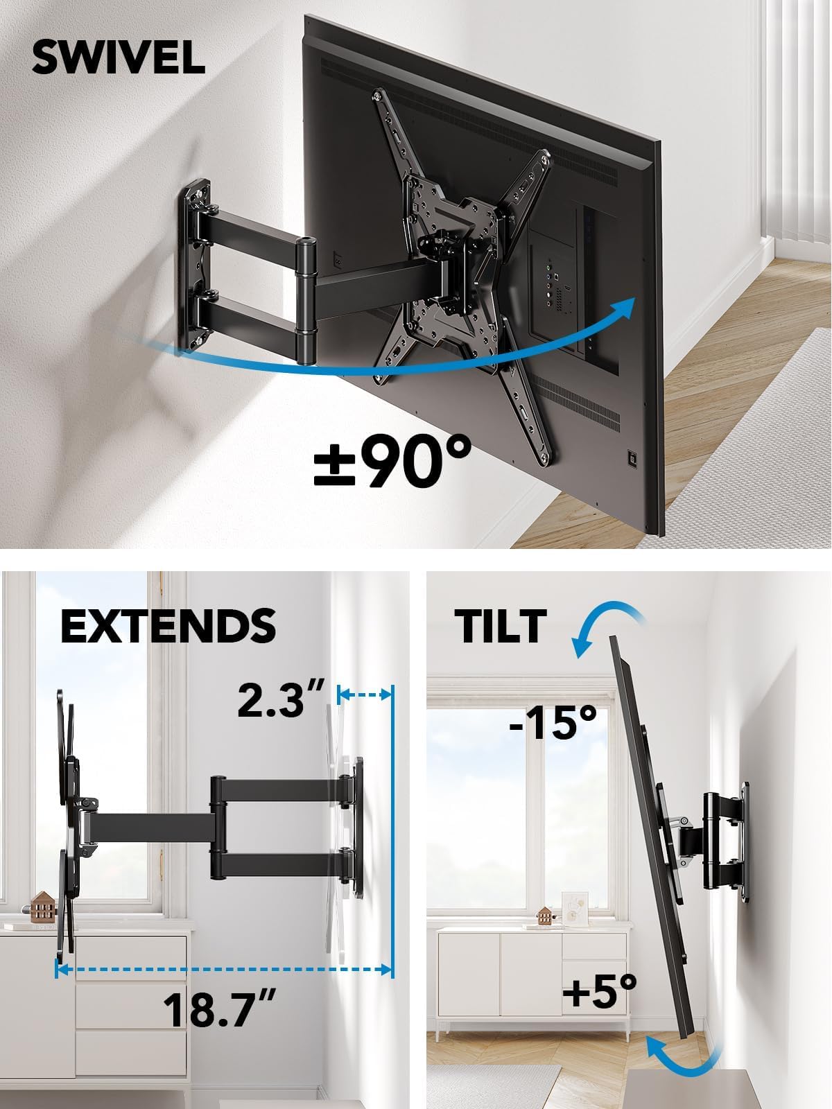 Pipishell Soporte de pared para TV para la mayoría de televisores de 26, 32, 50, 55-60 pulgadas, soporte de TV de movimiento completo con giro, inclinación y extensión, soporte de pared de un solo