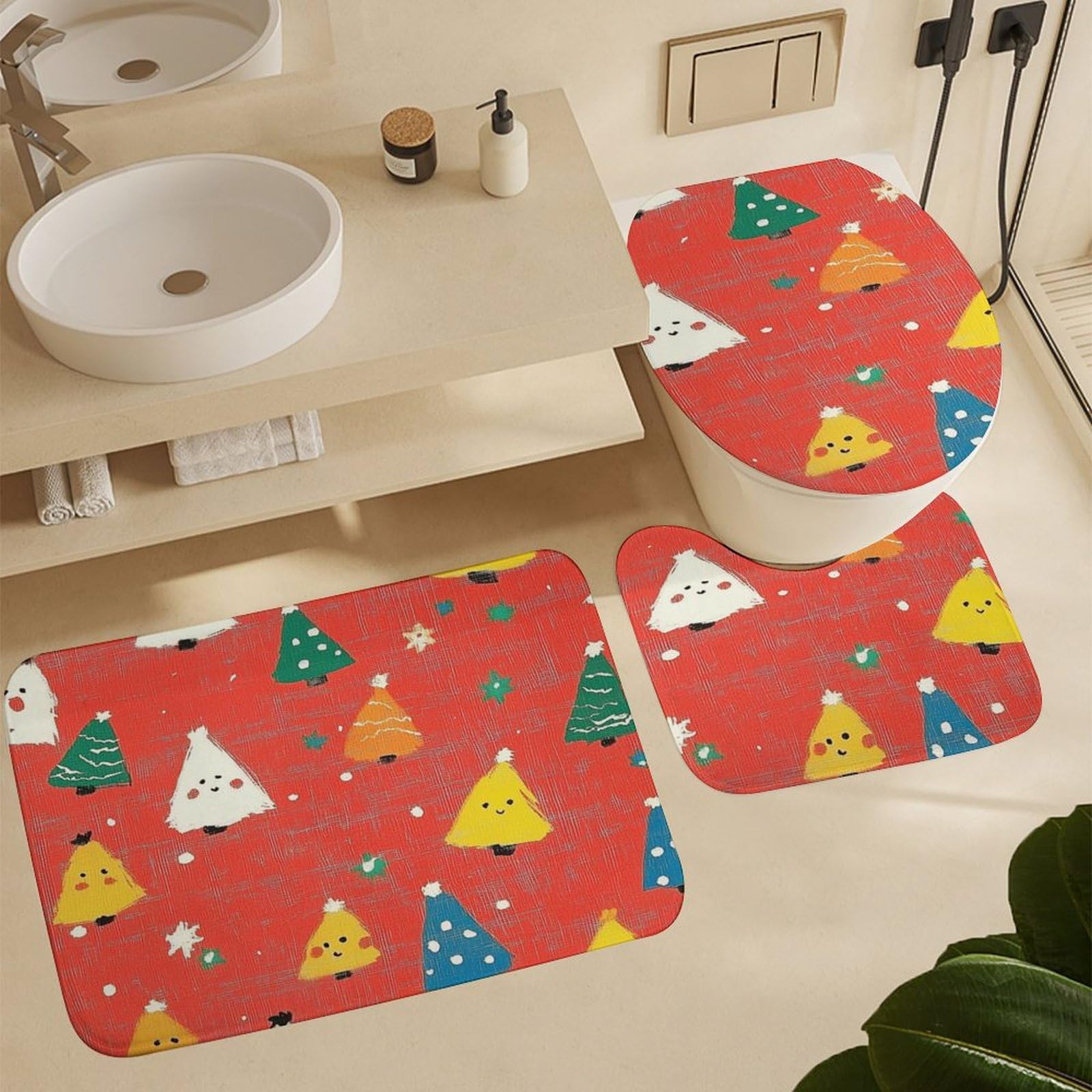 Feliz Navidad Baño de Cuatro Piezas Tappeto De Baño De Bambú, Antideslizante Y Lavable, Ideal para Ducha Y Baño Moderno 183×183cm