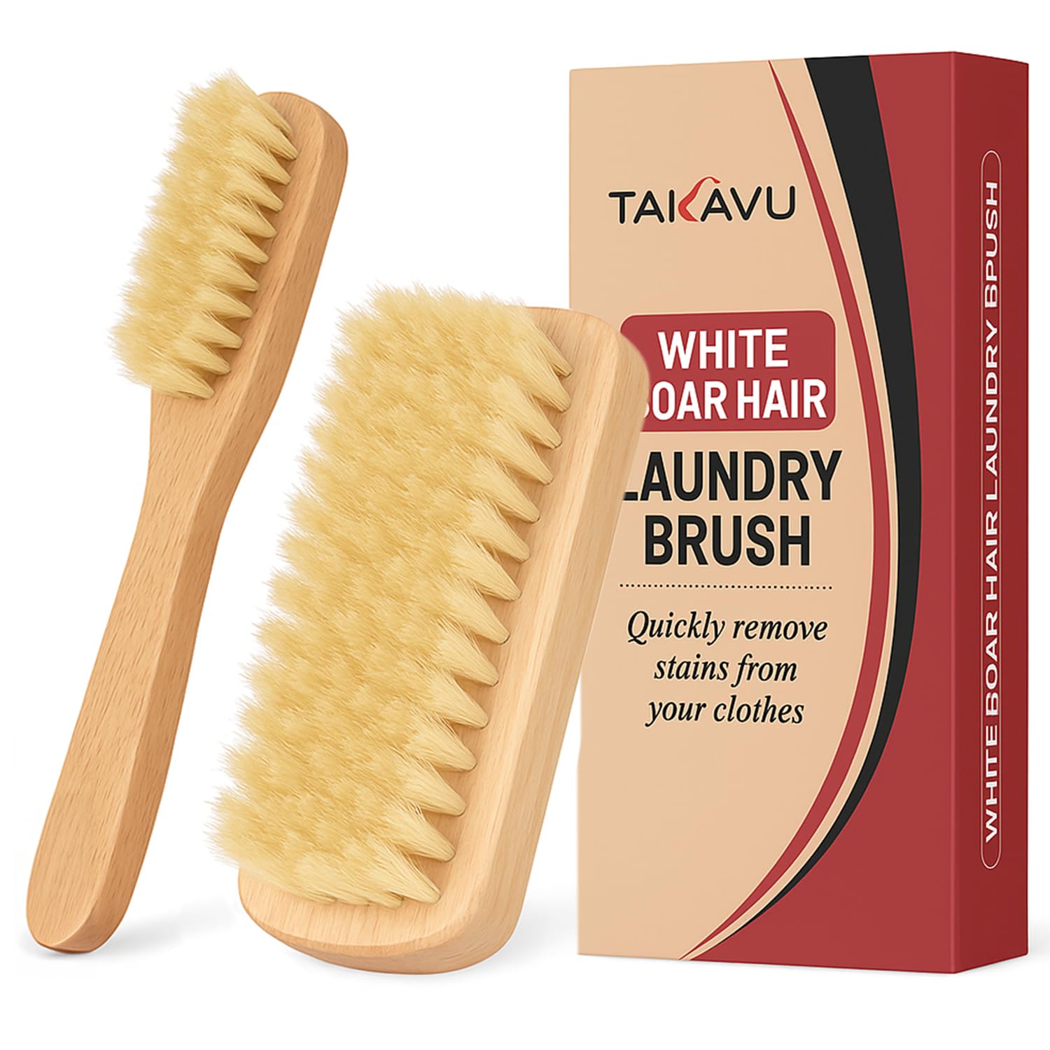 Boar Bristle Laundry Stain Brush Set by TAKAVU, Stiff Pure Boar Bristle for Scrubbing Out Tough Stains on Delicate Fabrics Knits Cotton Leather Washable Fabrics