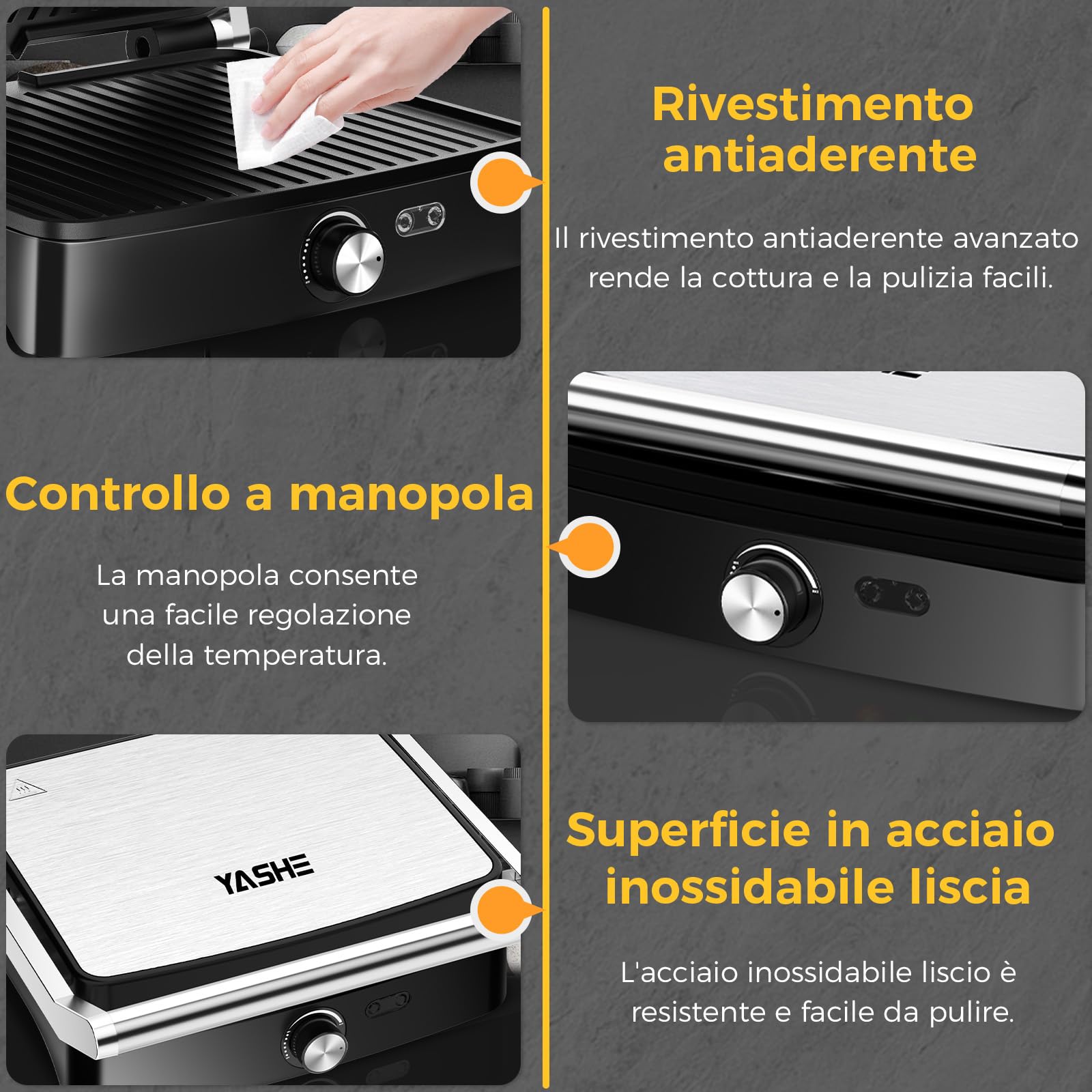 YASHE Piastra Panini 2000W, Tostiera 4 Fette, Griglia Elettrica Apribile 180°, Temperatura Regolabile, Piastre Antiaderenti Non Removibili, Manico Termoisolato