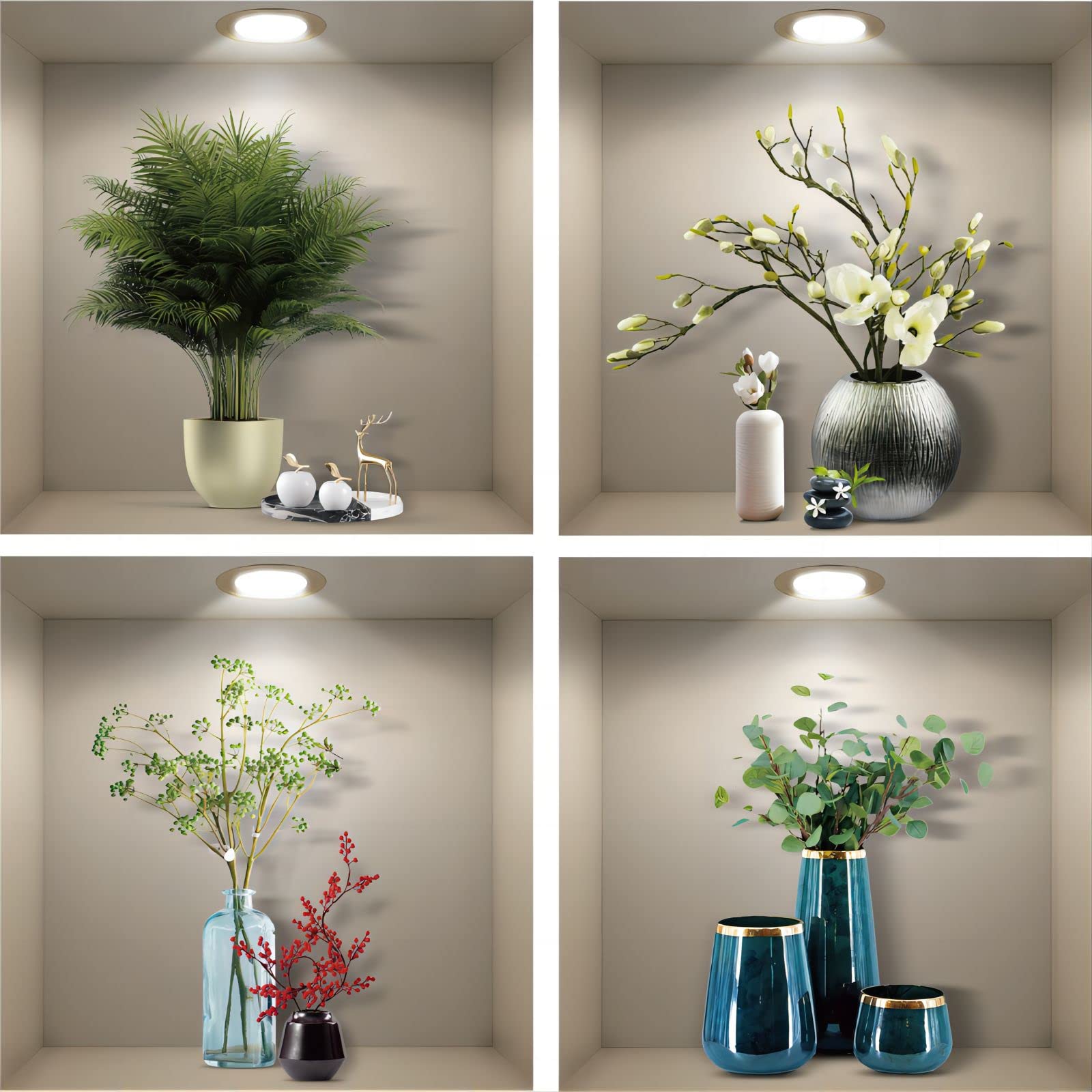Lot De 4 Stickers Muraux 3D Vases Tatouages Avec Plantes Vertes - Décoration Exotique 40x40cm