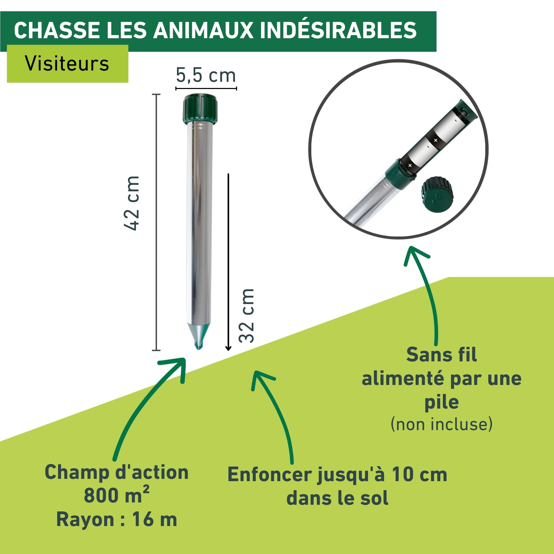 Windhager Répulsif Taupe & Campagnol Aluminium, Ultrasons sans Produits Chimiques, Portée Jusqu’à 800 m², Fonctionne à Piles, Résistant aux Intempéries, 02130