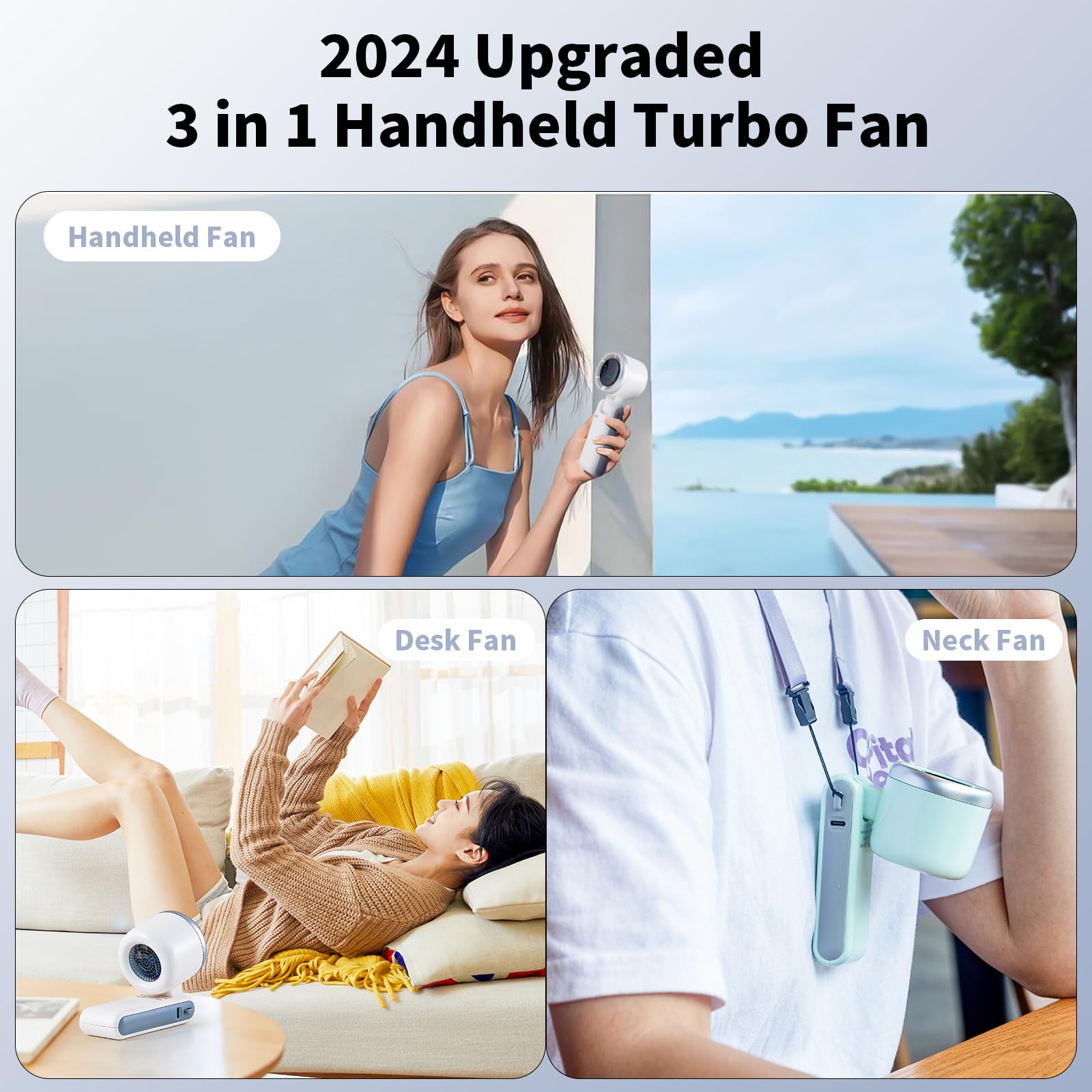 Turbo Fan portatile, batteria da 3600 mAh, con display LED, mini portatile, regolabile a 180°, 5 velocità, palmare/collo/desk 3 in 1 per interni ed esterni.